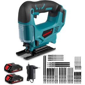 Cordless Jig Saw, 20V Electric Jigsaw with 2 Batteries and 35Pcs Cutting Blades, 3000 SPM Adjustable Speed, ±45° Bevel, Jigsaw Tool Kit for Straight, Curve, Bevel, Circle Cutting