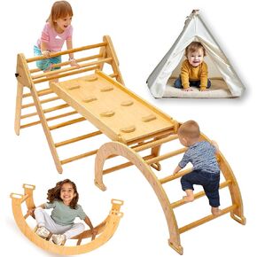 5 in 1 Pikler Triangle Set, Montessori Climbing Set, Toddler Climbing Toys Indoor Pickler 1-3 Piece Climbing Gym, Indoor Climbing Toys for Toddlers Inside, Baby Wooden Play Pickler, Kids Climber