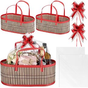 2 Sets Baskets for Gifts Empty Large Woven Bamboo Gift Basket for Christmas Baby Shower Birthday Party Empty Gift Basket with Handles 15.75 x 7.87 x 6.3 Inch, Bows and Cellophane Wrap Bags