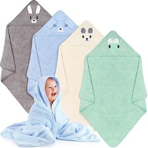 Preboun 4 Pcs Baby Bath Towel 31.5 x 31.5 Inch Coral Fleece Baby Hooded Towel Absorbent Soft Baby Towels for Newborn Cartoon Animal Hooded Bath Blanket for Kids Toddler Infant Shower (Cute Style)