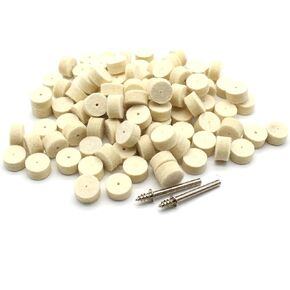 TEMO 100 pc Felt Polishing Wool Bob Burr 1 Inch Diameter 1/4 Inch High Wheel #429 with 2 Screw Mandrel 401 1/8 Inch Shank for Dremel Rotary Tools