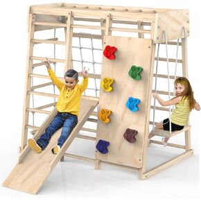 Indoor Jungle Gym, Toddler Climbing Toys Indoor, Indoor Playground Climbing Toys for Toddlers, Climber Playset with Slide, Climbing Rock/Net, Monkey Bars, Drawing Board, Abacus Game and Swing