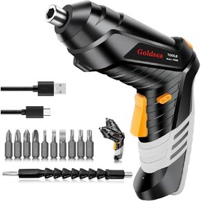 Electric Screwdriver Goldsea 4.2V Cordless Screwdriver 3.5N.m 1500mAh Type-C Charging 10pcs Screwdriver Bits 1/4" Hex Chuck 90°/180° deformation handle Forward and reverse adjustment LED Light
