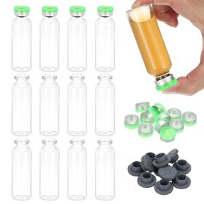PATIKIL 12pcs 5ml Clear Borosilicate Glass Sample Vials with Aluminum Plastic Cap and Rubber Stopper for Lab Solid Liquid Powder Storage, Dark Silver Tone