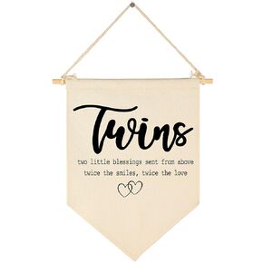 Twin Room Sign-Twins Two Little Blessings-Canvas Hanging Pennant Flag Banner Wall Sign Decor Gift for Nursery Baby Kids Boy Girl Newborn Nephew Teen Bedroom Playroom Front Door-Birthday Christmas Gift