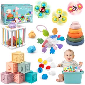6 in 1 Baby Toys 6 to 12 Months, Montessori Toy for Toddlers 1-3, Infant Teething Babies Toy Stacking Blocks Rings Pull String Toy Sorter Sensory Bin