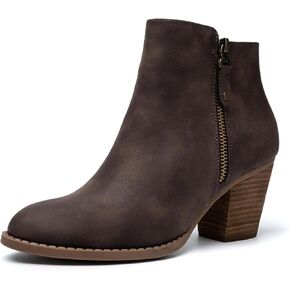 ANJOUFEMME Women's Zipper Chunky Ankle Boots, Stacked Mid Heel Dress Boots, Comfortable Short Booties