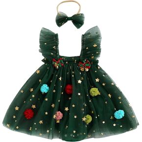 Eadrioss Infant Baby Girl Christmas Outfit Star Flower Green Tutu Christmas Dress Romper Newborn Christmas Clothes Dress