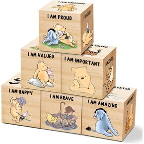 6 Pcs Inspirational Winnie Nursery Decor for Girls and Boys Wooden Classic the Pooh Decorations Winnie Baby Table Wooden Decorations Winnie the Pooh Shelf Decor for Bedroom Playroom Gifts 1.6 Inch