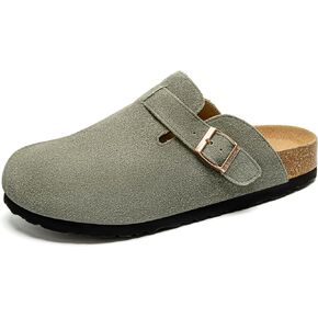 Women's Suede Clogs Soft Leather Mules Adjustable Buckle Slip-on Cork Footbed Potato Shoes with Arch Support
