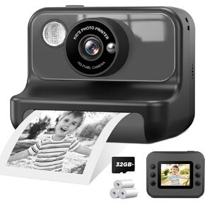 Kids Camera Instant Print, 1080P Video Instant Cameras for Kids, Christmas Birthday Gifts Toys Camera for Toddler Girls Boys Age 3-12-Black