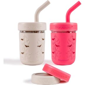 Pandaloo® Mason Jar Toddler Cup - 8 oz Spill-Proof Glass Tumbler with Silicone Straw and Lid, Non-Slip Sleeve, BPA-Free Toddler Snack Cups - Perfect Smoothie Cups with Lids and Straws for Kids