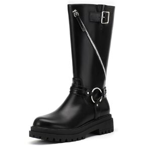 IDIFU IN2 Knee High Boots Women Low Chunky Heel Motorcycle Boots with Side Zipper Comfortable Fashion Round Toe Tall Boots for Women Fall Platform Lug Sole Biker Riding Boots