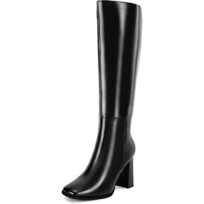 Coutgo Womens Wide Calf Knee High Boots Chunky High Heel Square Toe Fashion Leather Shoes with Side Zipper