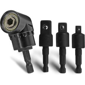 105 Degree Right Angle Driver, 360° Rotatable 1/4" 3/8" 1/2" Impact Grade Socket Adapter Set, Power Screwdriver Drill Extension Kits with 1/4" Hex Quick Change Drive - Pack of 4
