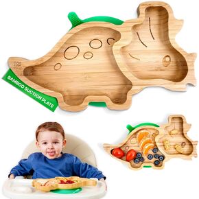 Bamboo Divided Suction Plates for Baby - Strong Suction Plates for Toddlers - Non-toxic All Natural Eco Friendly Materials - Dinosaur