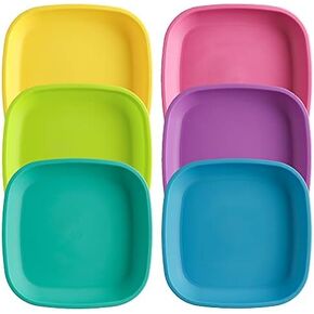 Re-Play Made in USA 22 Oz. Reusable Flat Plates for Baby & Toddler Feeding - Dishwasher and Microwave Safe Durable Flat Plates, Set of 6, 7.37" x 7.37" x 1.25", Crayon Box