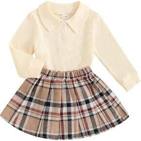 BeQeuewll Fall Winter Toddler Baby Girl Clothes 2Pcs Long Sleeve Ribbed Knit Shirt Plaid Skirt 1T 2T 3T 4T 5T Girls Dress