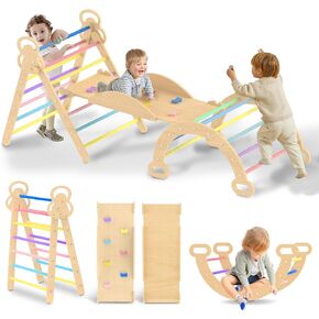 7in1 Pikler Triangle Set, Climbing Toys for Toddlers, Indoor Foldable Wooden Montessori Climbing Set with Arch&Ramp&Ladder, Indoor Playground Baby Jungle Gym for Kids 2-6 - Rainbow