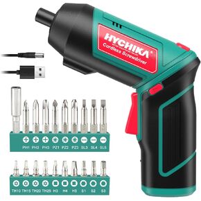 Cordless Screwdriver 6 N.m, HYCHIKA 4V 2000mAh Electric Screwdriver Gun, Adjustable 2 Position Handles, Front LED, DC Charging, 20pcs Accessories