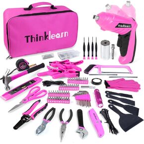 Pink 205-Piece Home Tool Set With 3.6V Electric Screwdriver, Universal Sockets, Storage Bag - Kit for Women, Gift, Home Repair, Dorm
