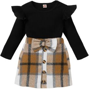 Toddler Girl Skirt Outfit Fall Winter Clothes Long Sleeve Ruffle Shirt Top Mini Skirt Set Knitted Cotton 2Pcs