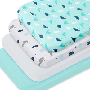 Bassinet Fitted Sheets 4 Pack Compatible with 20" x 33" Baby Delight, Mika Micky and Dream On Me Traveler/Skylar/Seashell/Lotus Bassinet, Ultra Soft and Skin-Friendly, Aqua Dinosaurs & White Ocean