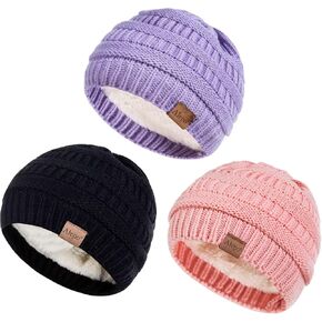 Alepo 3 Pack Baby Beanie Hats for Girls Boys, Soft Warm Fleece Lined Baby Winter Hat for Newborn Infant Toddler Kids