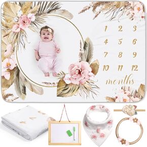Chumia 6 Pcs Monthly Baby Milestone Blanket for Baby Girl Boy Set Baby Age Blanket Baby Month Blanket Newborn Growth Chart Blanket with Bandana Frame Headband(Purple, Floral Pattern)