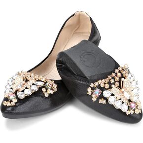 KUNWFNIX Women Ballet Flats Rhinestone Wedding Ballerina Shoes Foldable Sparkly Comfort Slip on Flat Shoes