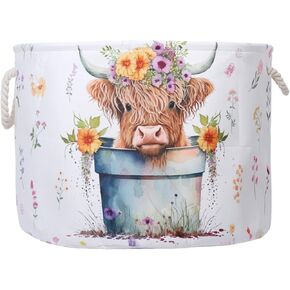 Highland Cow Nursery Baskets Large Size Western Laundry Basket with Cotton Rope Handles Cowboy Nursery Decor Hamper For Toys Cloths Baby Stuff (Cow skin)