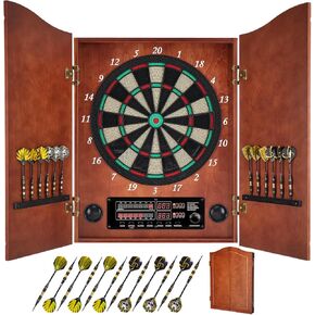 Electronic Dart Board, Decorative Dart Board Cabinet Set for Adults [12*Soft Tip Darts] - Wooden Electric Dartboard Cabinet with Integrated Scoreboard for Family Game Rooms [Apricot]