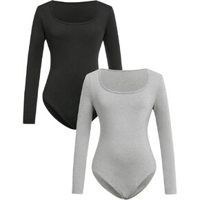 Girl's 2 Pack Long Sleeve T Shirt Bodysuit Square Neck Slim Fit Leotard Romper Jumpsuit Fall Tops