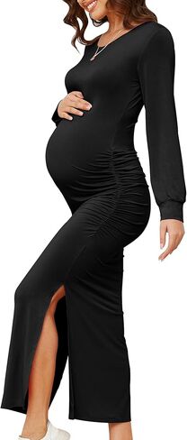 Women's Maternity Dress Long Sleeve Bodycon Midi Dresses Split Maternity Dress for Baby Shower Fall Pregnancy Clothes in Saudi Arabia