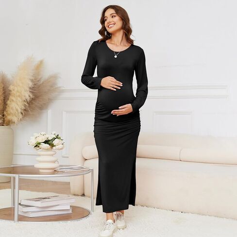 Women's Maternity Dress Long Sleeve Bodycon Midi Dresses Split Maternity Dress for Baby Shower Fall Pregnancy Clothes in Saudi Arabia