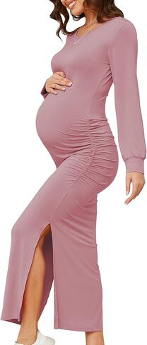 Women's Maternity Dress Long Sleeve Bodycon Midi Dresses Split Maternity Dress for Baby Shower Fall Pregnancy Clothes in Saudi Arabia