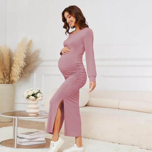 Women's Maternity Dress Long Sleeve Bodycon Midi Dresses Split Maternity Dress for Baby Shower Fall Pregnancy Clothes in Saudi Arabia