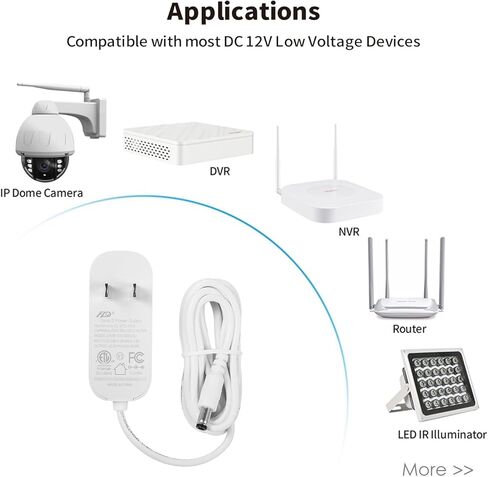 محول إمداد طاقة 12 فولت 3 أمبير، محول 1.8 متر 6 قدم سلك طاقة تيار مستمر مع طرف 5.5 مم × 2.1 مم لكاميرا الأمان بشريط LED وكاميرا CCTV DVR NVR، استبدال شاحن محول 12 فولت 3 أمبير 36 وات (أبيض) in Kuwait