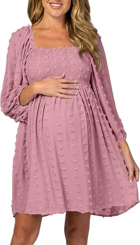 Ofenbuy Women's Long Sleeve Maternity Dress Square Neck Swiss Dot Casual Loose Short Dresses in Kuwait