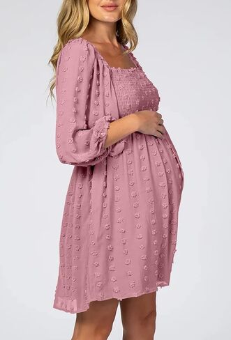 Ofenbuy Women's Long Sleeve Maternity Dress Square Neck Swiss Dot Casual Loose Short Dresses in Kuwait