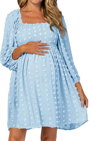 Ofenbuy Women's Long Sleeve Maternity Dress Square Neck Swiss Dot Casual Loose Short Dresses in Kuwait