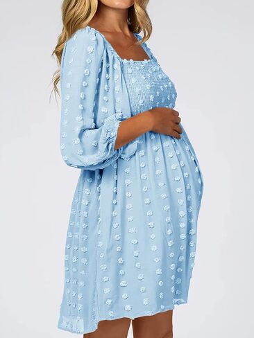 Ofenbuy Women's Long Sleeve Maternity Dress Square Neck Swiss Dot Casual Loose Short Dresses in Kuwait