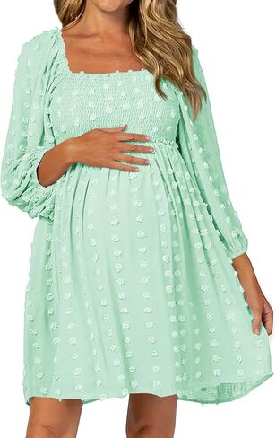 Ofenbuy Women's Long Sleeve Maternity Dress Square Neck Swiss Dot Casual Loose Short Dresses in Kuwait