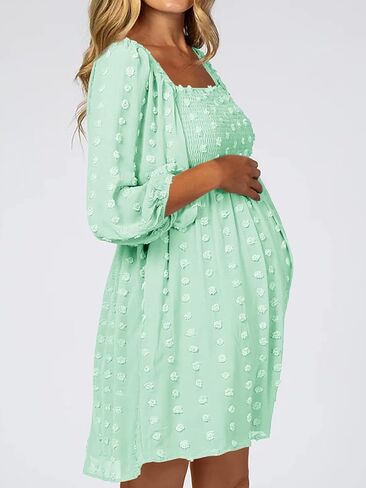 Ofenbuy Women's Long Sleeve Maternity Dress Square Neck Swiss Dot Casual Loose Short Dresses in Kuwait