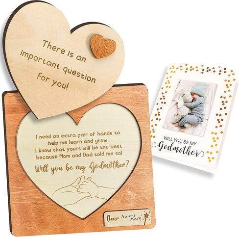 97 Decor Will You Be My Godmother Proposal Gift, Wood Sign and Card | 5.5 inch wooden puzzle sign with stand, asking card with photo space, baptism keepsake for godmother in Saudi Arabia