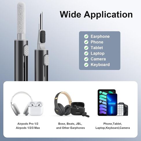 طقم تنظيف لأجهزة Airpods Pro 1 2 3 قلم تنظيف متعدد الوظائف مع فرشاة ناعمة وإسفنجة متدفقة لحافظة سماعات البلوتوث وأدوات تنظيف باللون الأسود in Saudi Arabia