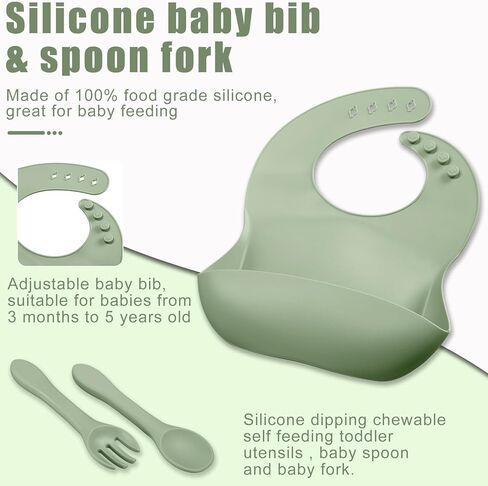مجموعتان من لوازم تغذية الأطفال، لوازم تغذية الأطفال من السيليكون مع وعاء شفط مقسم ولوحة مقسمة ومريلة قابلة للتعديل وشوكة ملعقة ناعمة (أخضر جيشي، رمادي) in Kuwait
