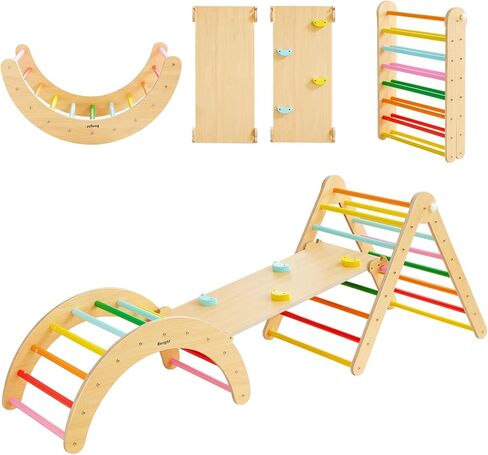 Beright 5 In1 Pikler Triangle Gym, Foldable Climbing Triangle Ladder Toys with Ramp, Indoor Climbing Toys for Kids, Play Gym, Arch Climber, Rocker, Learning Waldorf Children Toy Structure, Rainbow in Saudi Arabia
