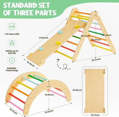 Beright 5 In1 Pikler Triangle Gym, Foldable Climbing Triangle Ladder Toys with Ramp, Indoor Climbing Toys for Kids, Play Gym, Arch Climber, Rocker, Learning Waldorf Children Toy Structure, Rainbow in Saudi Arabia