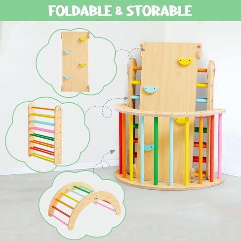 Beright 5 In1 Pikler Triangle Gym, Foldable Climbing Triangle Ladder Toys with Ramp, Indoor Climbing Toys for Kids, Play Gym, Arch Climber, Rocker, Learning Waldorf Children Toy Structure, Rainbow in Saudi Arabia